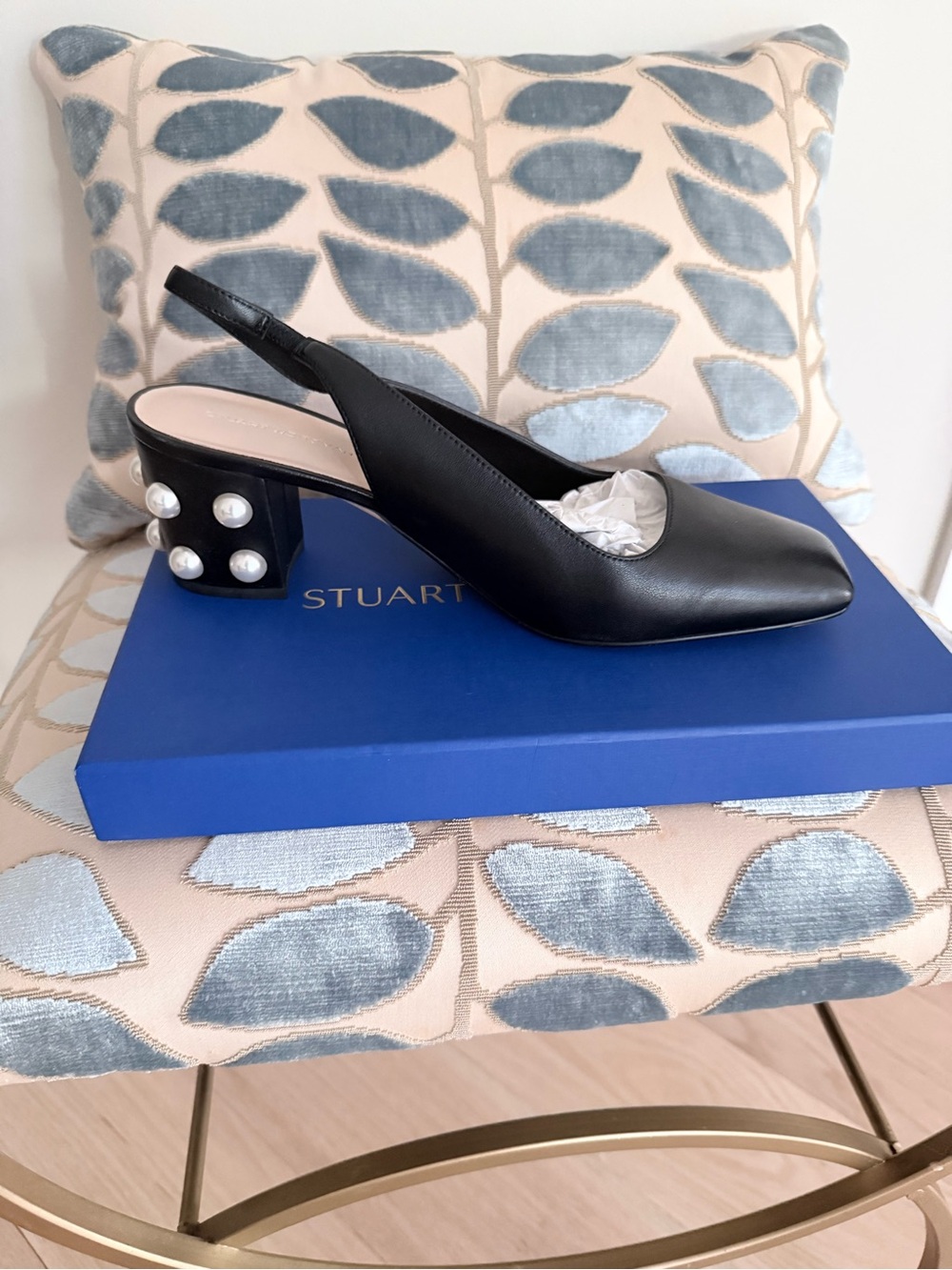 Stuart Weitzman Black Slingback Heels with Pearl-Stud Block Heel - Picture 4 of 6